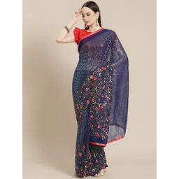 Mitera Navy Blue & Red Sequinned Saree with Floral Embroidery-picture-31