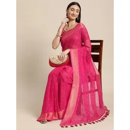 Mitera Pink & Gold-Toned Floral Zari Pure Chiffon Saree-picture-34