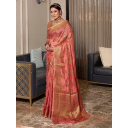 Mitera Pink & Green Floral Woven Design Zari Organza Saree-picture-19
