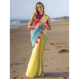 Mitera Striped Block Print Saree-picture-13