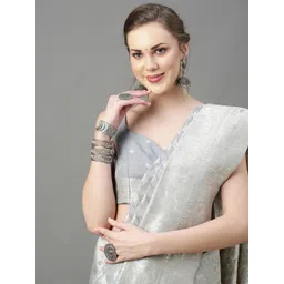 Mitera Women Grey & Gold Woven Design Zari Silk Cotton Banarasi Saree-picture-36