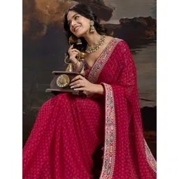 Mitera Women Zari Embroidered Pure Georgette Bandhani Saree-picture-29