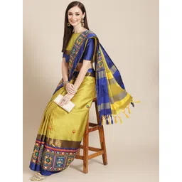 Mitera Yellow & Blue Ethnic Motifs Embroidered Silk Cotton Chanderi Saree-picture-14