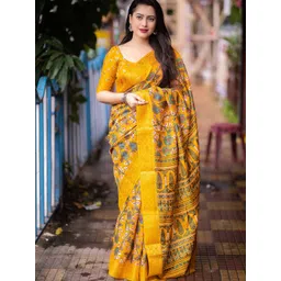 Mitera Yellow Kalamkari Printed Zari Woven Design Saree-picture-31