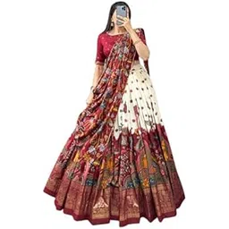 mitra biz Women's Floral Annd Patola Print With Foil Work Tussar Silk Lehenga Choli-picture-19