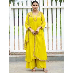 MITTOO Floral Embroidered Pleated Anarkali Kurta with Palazzos & With Dupatta-picture-21