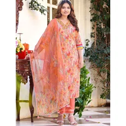 MITTOO Floral Printed V-Neck Straight Kurta With Trousers & Dupatta-picture-10