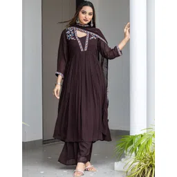 MITTOO Floral Yoke Design Pleated Thread Work Anarkali Kurta with Palazzos & With Dupatta-picture-11