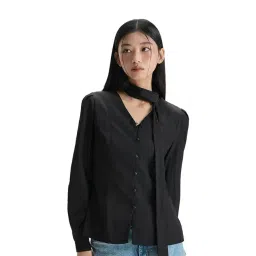 MIXXO Black Regular Fit Tie Blouse-picture-22