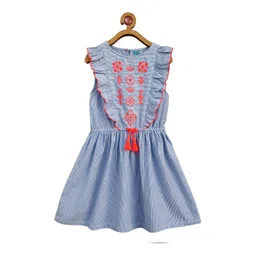 Miyo Blue & Red Floral Embroidered Cotton Fit & Flare Dress-picture-28
