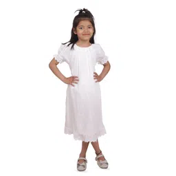 Miyo Girls Puff Sleeves Cotton A-Line Midi Dress With Lace Detailed-picture-16