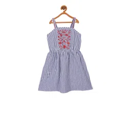Miyo Girls White & Blue Striped Fit and Flare Dress with Floral Embroidered Detail-picture-49