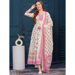 Mizaz Floral Printed Empire Mirror Work Pure Cotton Anarkali Kurta With Trousers & Dupatta-image-0