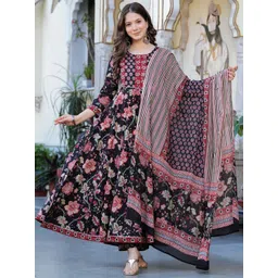 Mizaz Floral Printed Mirror Work Pure Cotton Anarkali Kurta With Trousers And Dupatta-image-16