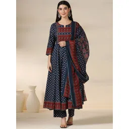 Mizaz Floral Printed Round Neck Layered Pure Cotton Anarkali Kurta With Trousers & Dupatta-picture-21
