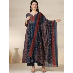 Mizaz Floral Printed Round Neck Layered Pure Cotton Anarkali Kurta With Trousers & Dupatta-image-35