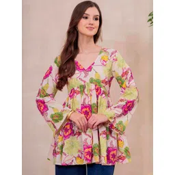 Mizaz Women Floral Printed Gathered Flared Sleeve Cotton Empire Top-picture-23