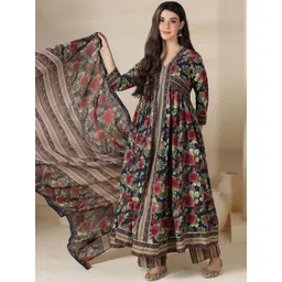 Mizaz Women Floral Printed V-Neck Pleated Pure Cotton Kurta with Trousers & Dupatta-image-20