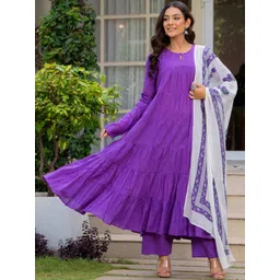 Mizaz Women Solid Cotton A-Line Kurta with Trousers & Dupatta-picture-14