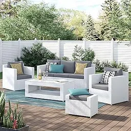 MJA FURNITURE Outdoor Sofa 5 Seater with Table & Ottomans | Patio Sofa Set for Balcony, Garden | 5 Piece Weather Resistant Rattan & Wicker Outdoor Single Seater Sofa-picture-19