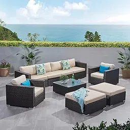 MJA FURNITURE Patio Outdoor Sofa for Balcony 6 Seater | 9 Piece Weather Resistant Wicker Sectional Sofa with Waterproof Cushion | 2 Single Seater, Coffee Table & 2 Ottomans (Cream)-picture-22