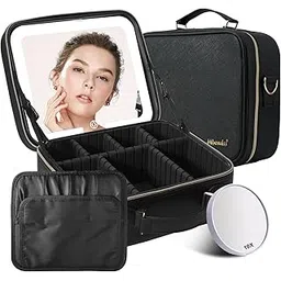 Mocado Travel Makeup Bag with LED Mirror,Makeup Organizer,Makeup Case with 3 Color Lighted Setting and 10x Magnifying Mirror,Portable Storage and Adjustable Dividers Cosmetic Bag, Black-picture-35