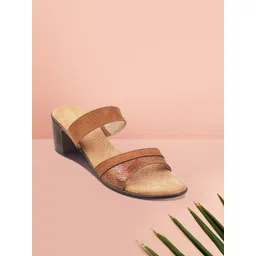 Mochi Brown Women Textured Block Sandals-image-3