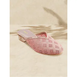 Mochi Women Pink Ethnic Woven Design Block Mules-picture-18
