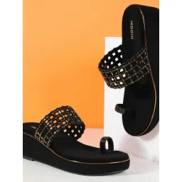 Mochi Women's Black Toe Ring Wedges-picture-42