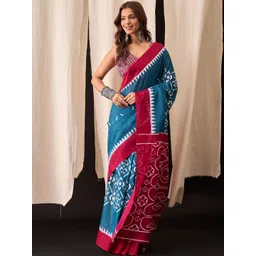 Moda Rapido Blue Colourblocked Pure Cotton Block Print Sarees-picture-20