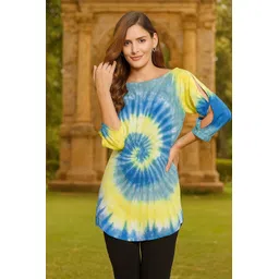 moda rapido Casual Slit Sleeves Tie & Dye Women Blue Top-picture-10