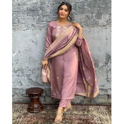 Moda Rapido Ethnic Motifs Embroidered Chanderi Silk Straight Kurta With Trousers & Dupatta-picture-38