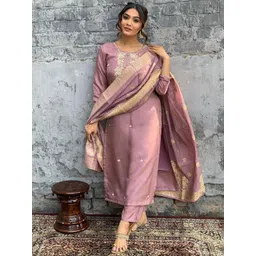 Moda Rapido Floral Embroidered Round Neck Sequinned Chanderi Silk Kurta Trousers & Dupatta-picture-18