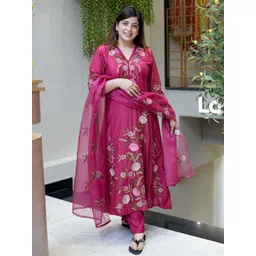 Moda Rapido Floral Embroidered Thread Work Chanderi Silk Kurta With Trousers And Dupatta-picture-41