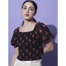 Moda Rapido Floral Print Puff Sleeve Georgette Crop Top-picture-16