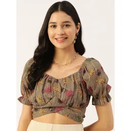 Moda Rapido Floral Print Sweetheart Neck Puff Sleeve Georgette Crop Top-picture-18