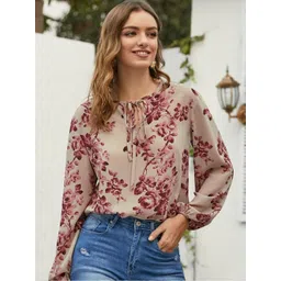 Moda Rapido Floral Print Tie-Up Neck Puff Sleeves Top-picture-40