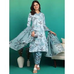 Moda Rapido Floral Printed Gotta Patti V-Neck Straight Kurta With Trousers & Dupatta-picture-14