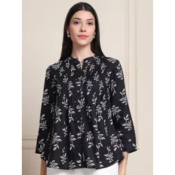 Moda Rapido Floral Printed Mandarin Collar Organic Cotton Shirt Style Top image 1