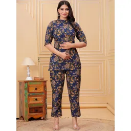 Moda Rapido Floral Printed Mandarin Collar Pure Cotton Top With Trousers Co-Ords-picture-33