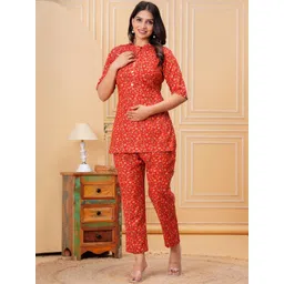 Moda Rapido Floral Printed Mandarin Collar Pure Cotton Top With Trousers Co-Ords-picture-35