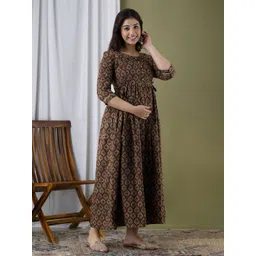 Moda Rapido Floral Printed Round Neck Pure Cotton Maternity A-Line Ethnic Dress-picture-36