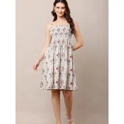 Moda Rapido Floral Printed Shoulder Straps Neck Smocked Detail Fit & Flare Dress-picture-36