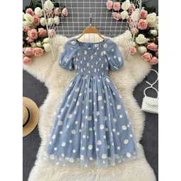 Moda Rapido Girls Floral Printed Puff Sleeve Smocked Detail Fit & Flare Dress-picture-17