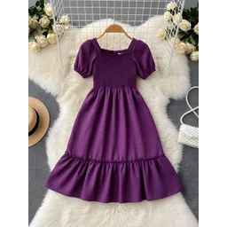 Moda Rapido Girls Solid Puff Sleeve Smocked Detail Fit & Flare Dress-picture-37