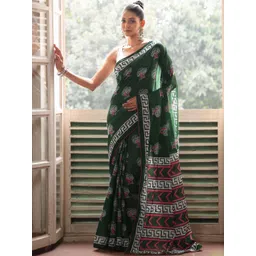 Moda Rapido Green Colourblocked Pure Cotton Block Print Sarees-picture-30