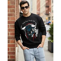Moda Rapido Men Black Printed Round Neck Fleece Sweatshirt-image-9