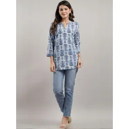 moda rapido Moda RapidoWomen Blue Floral Striped Mandarin Collar Cotton Top-picture-27