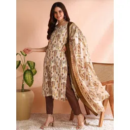 moda rapido NEW ETHNIC 4 YOU Women Brown Printed Silk Blend Kurta Sets-picture-19