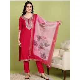 moda rapido NEW ETHNIC 4 YOU Women Floral Silk Blend Embroidered Kurti with Trousers & Dupatta-picture-23